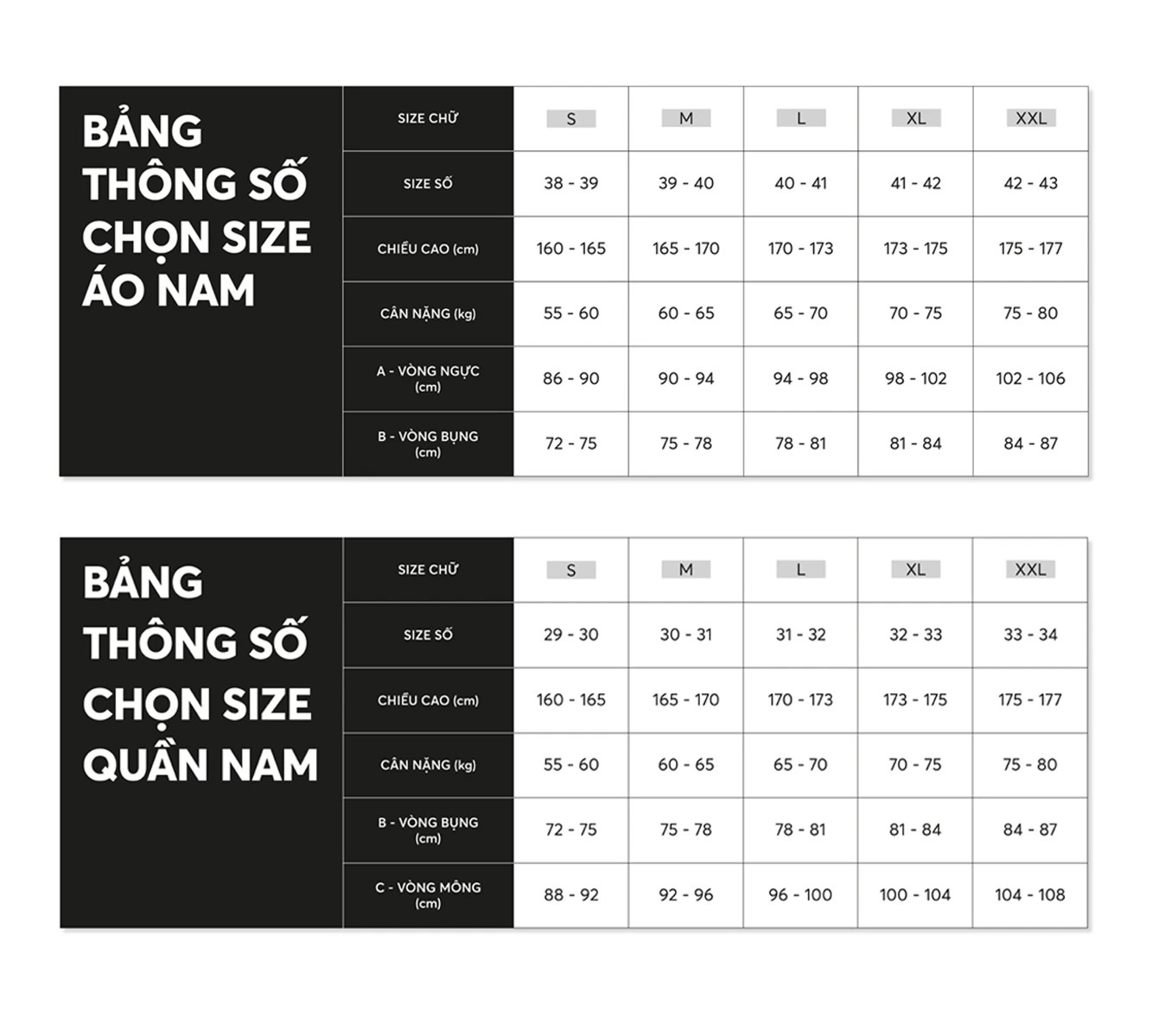 Bảng size nam